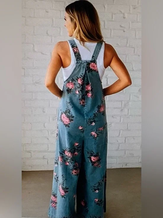 BiBi Blue Floral Denim Jumpsuit with Pink Roses - Picture 2 of 8